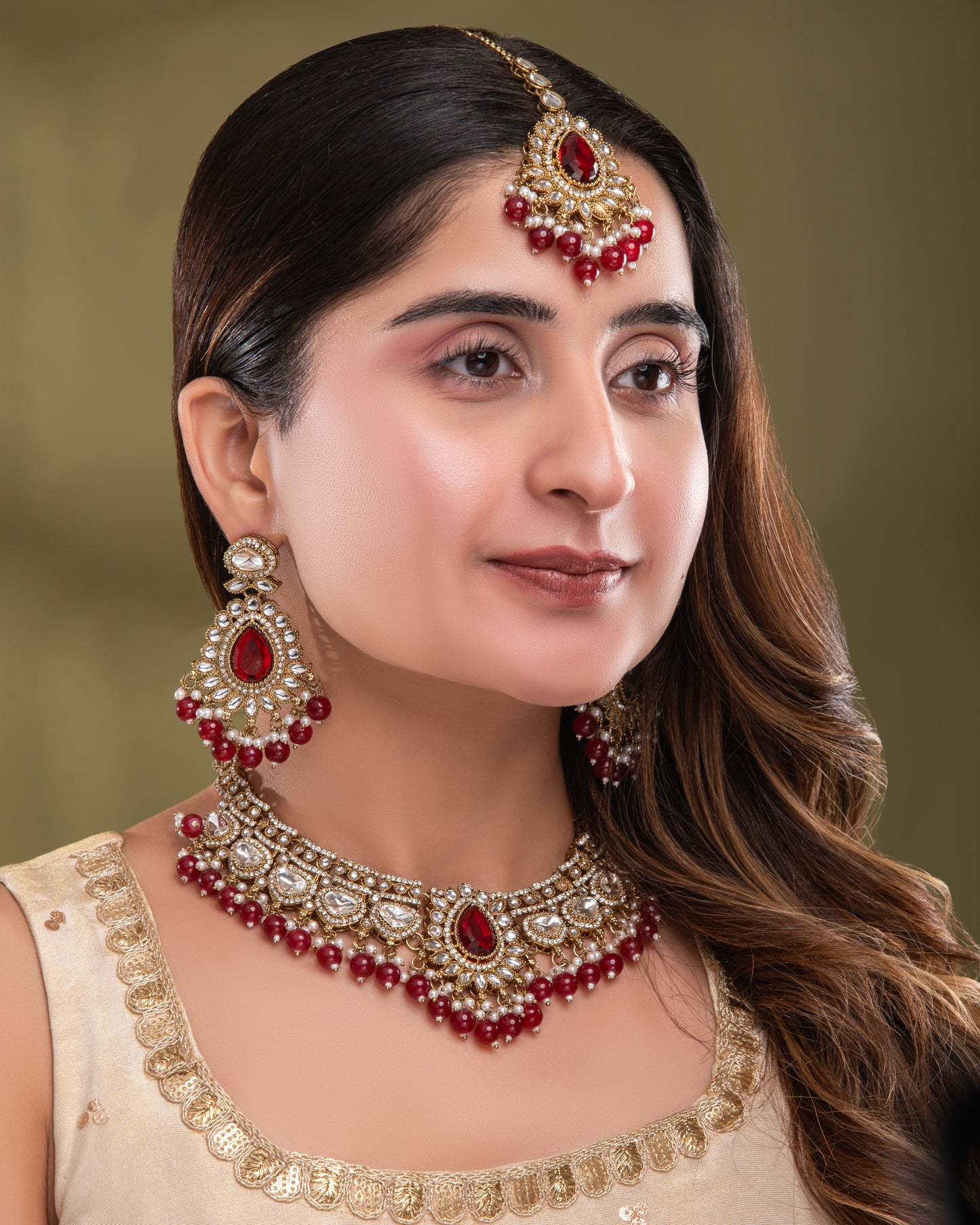 Red Savira Premium Polki Dupe Necklace with Earring and Teeka