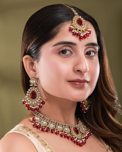 Red Savira Premium Polki Dupe Necklace with Earring and Teeka