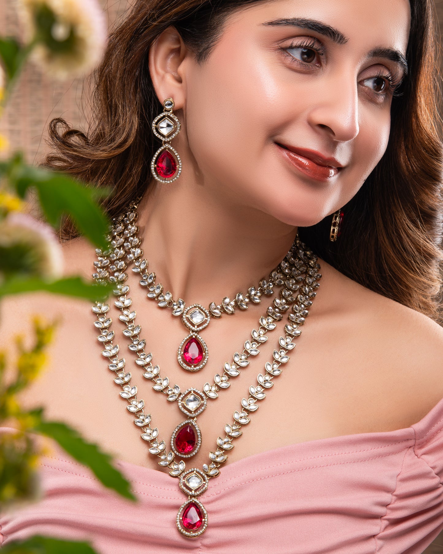 Pink Nairika Layered Kundan Necklace with Earrings