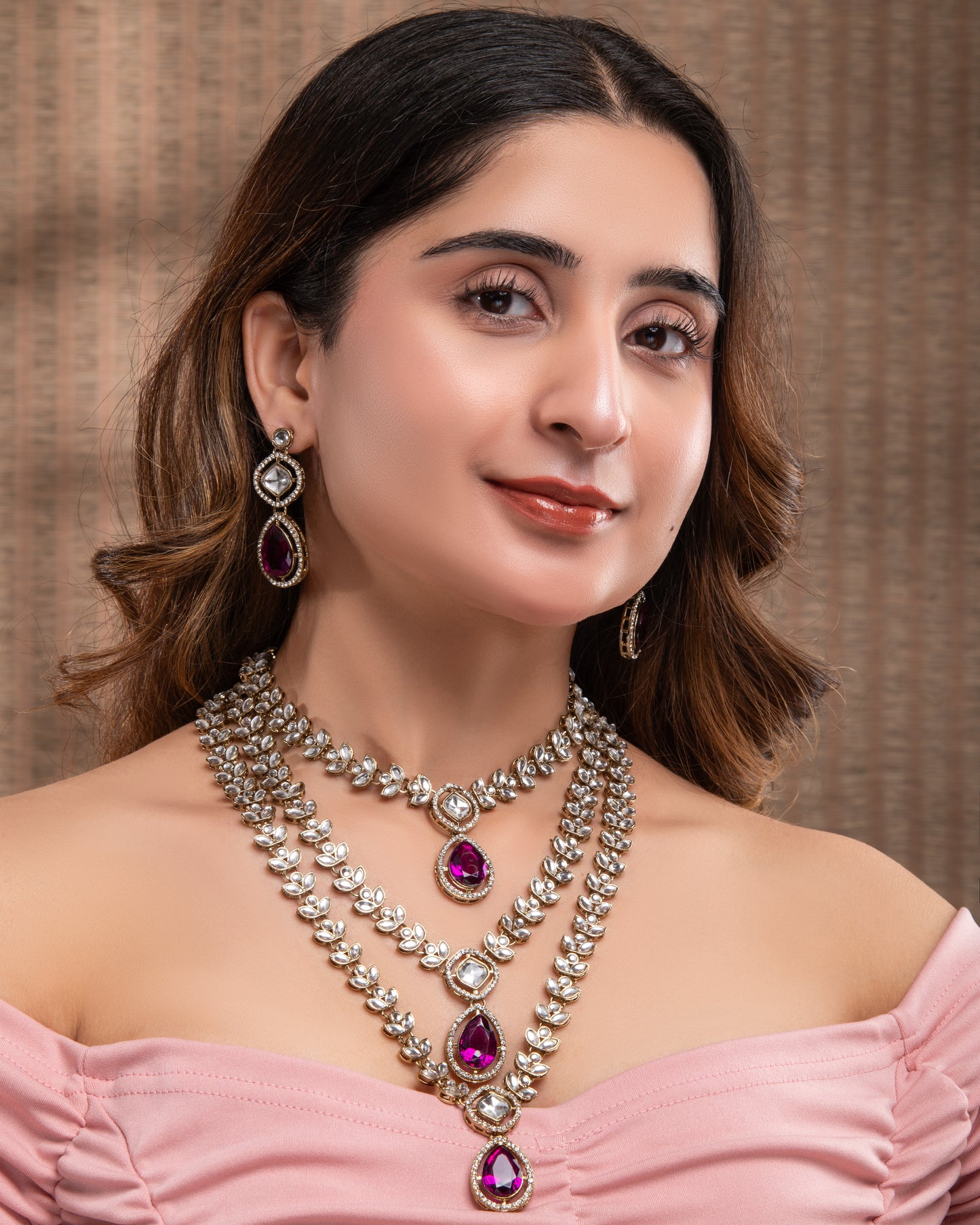 Purple Nairika Layered Kundan Necklace with Earrings