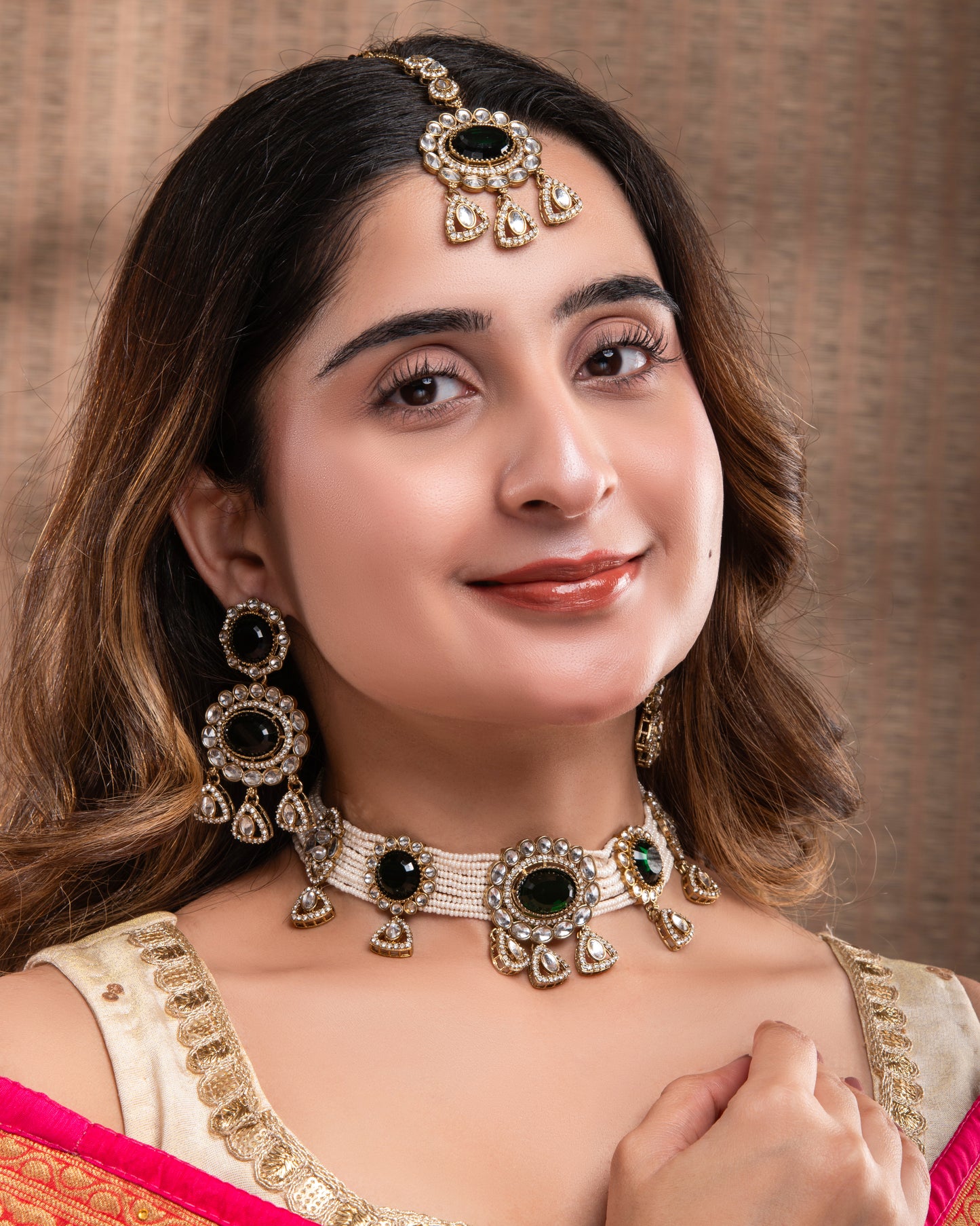 Green Suhen Premium Polki Dupe Choker Necklace With Earring & Teeka