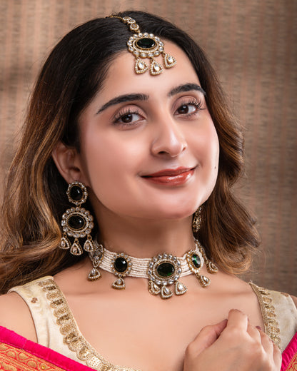 Green Suhen Premium Polki Dupe Choker Necklace With Earring & Teeka