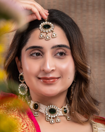 Green Suhen Premium Polki Dupe Choker Necklace With Earring & Teeka