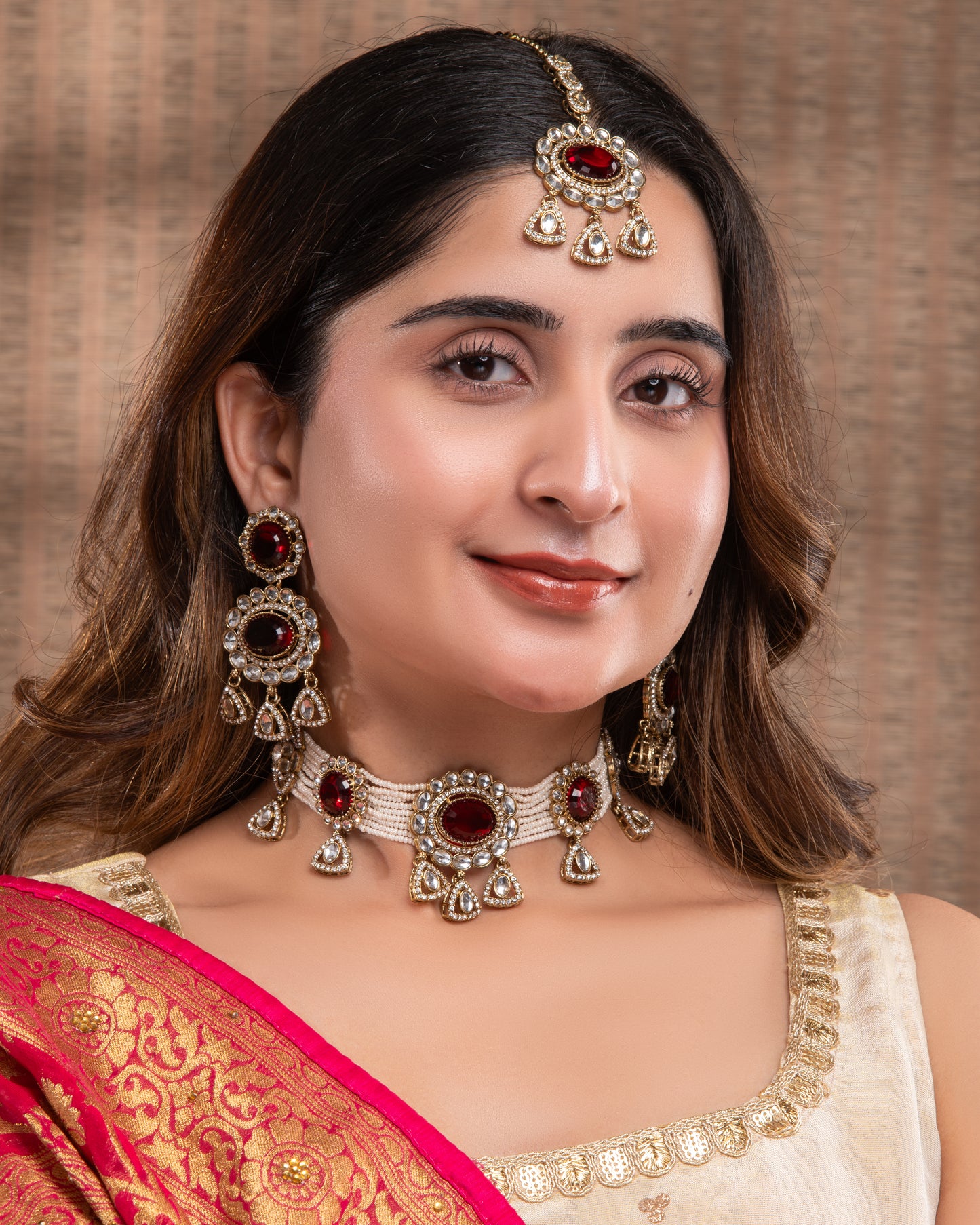 Red Suhen Premium Polki Dupe Choker Necklace With Earring & Teeka