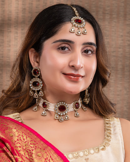 Red Suhen Premium Polki Dupe Choker Necklace With Earring & Teeka