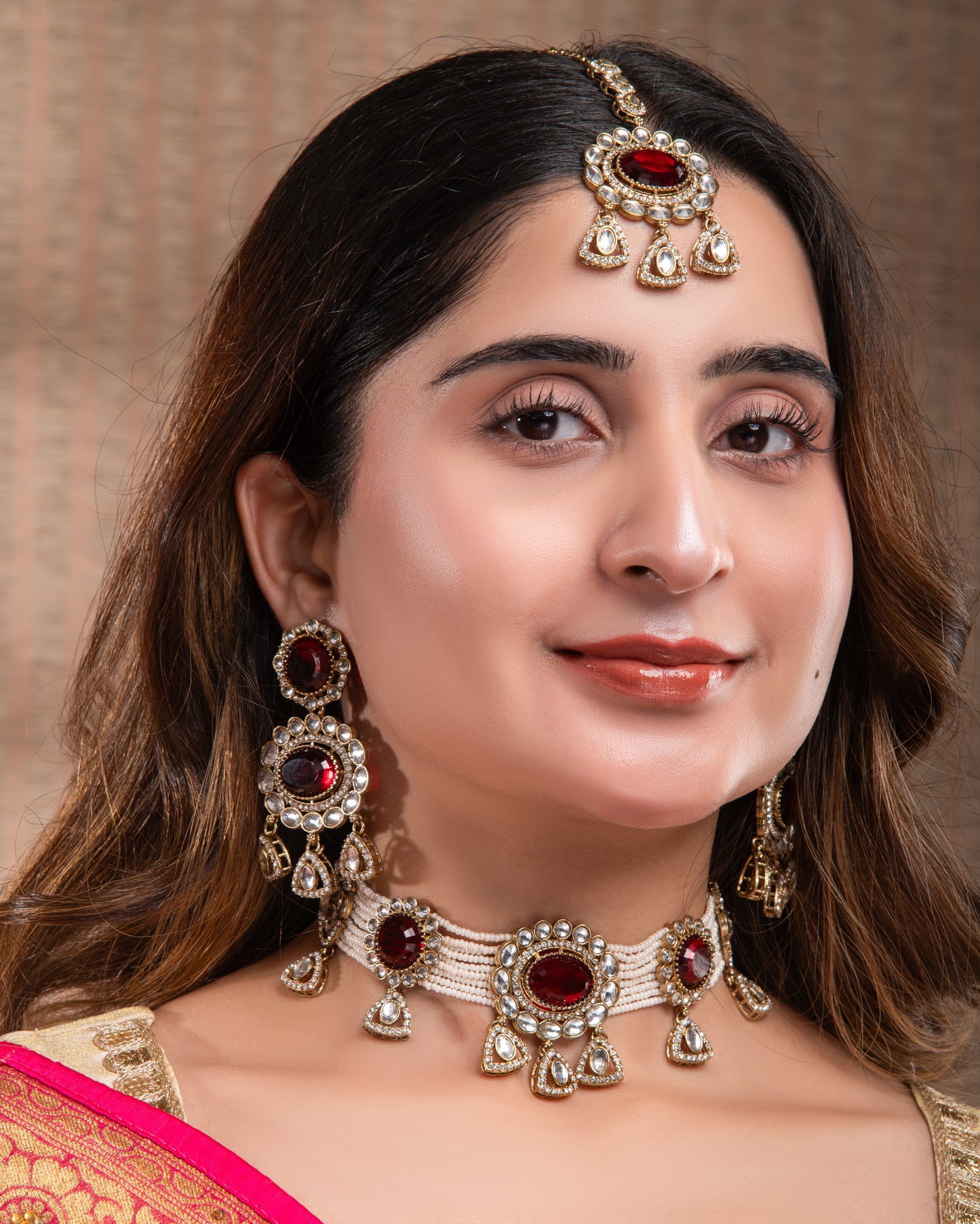 Red Suhen Premium Polki Dupe Choker Necklace With Earring & Teeka