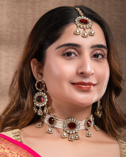 Red Suhen Premium Polki Dupe Choker Necklace With Earring & Teeka