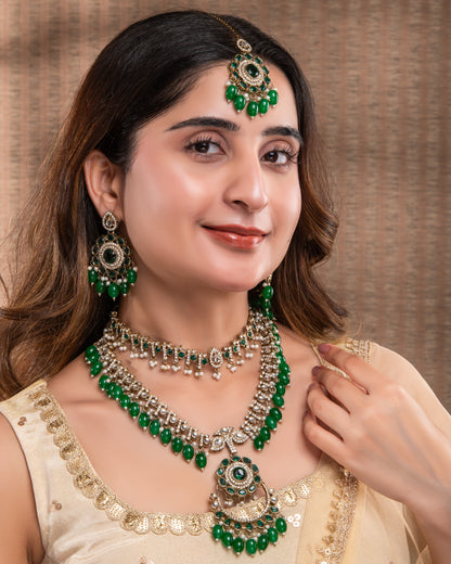 Green Aanvir Layer Necklace With Earring & Teeka