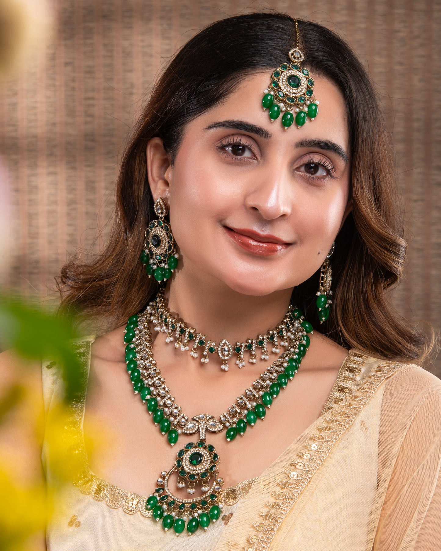 Green Aanvir Layer Necklace With Earring & Teeka