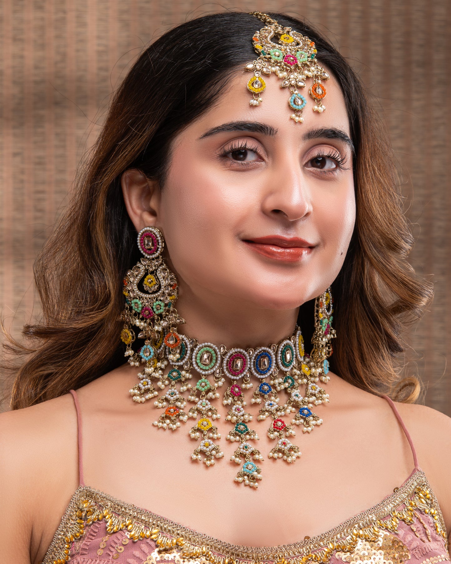 Multi Ravya Kundan Necklace Set With Earring and Mangteeka