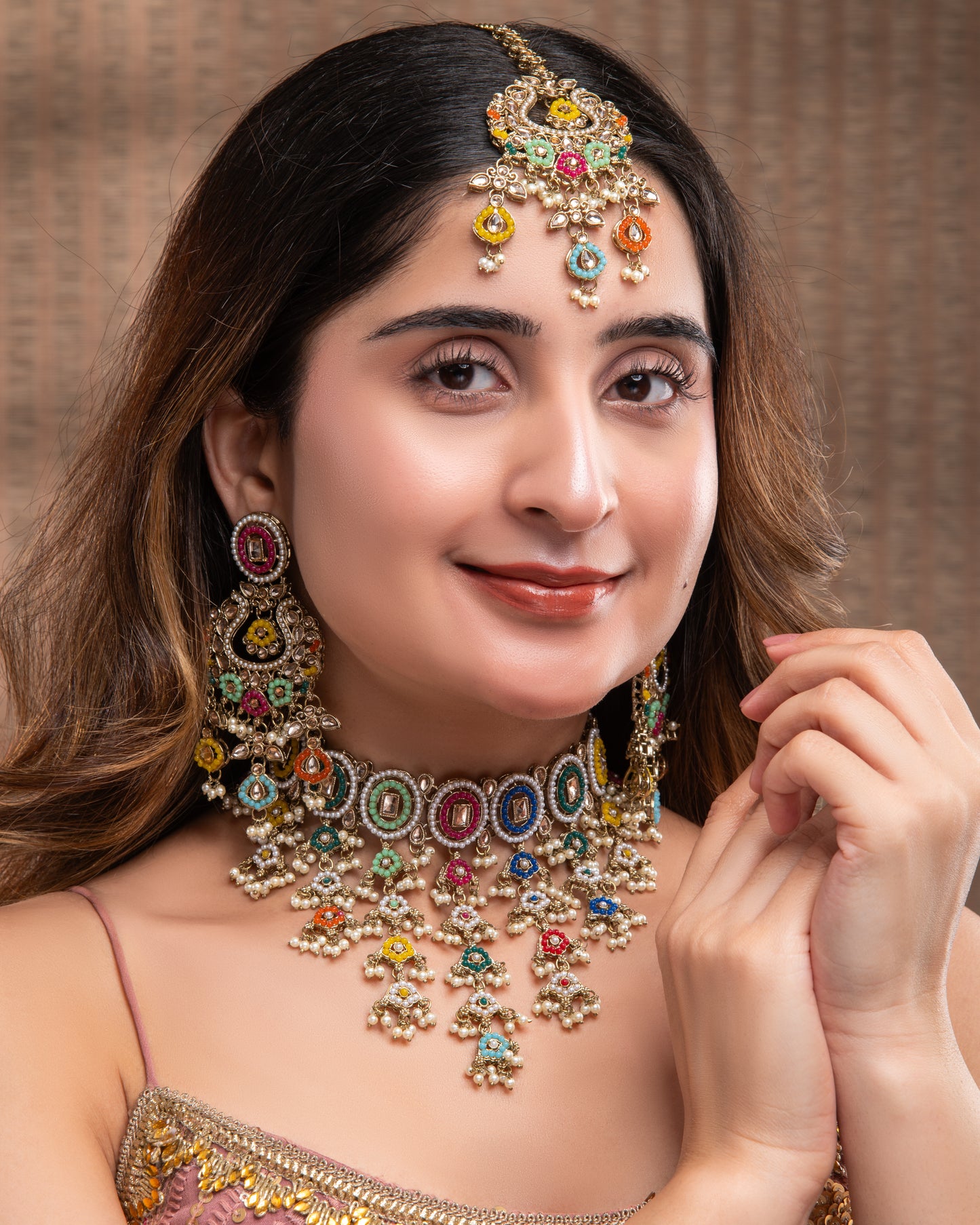 Multi Ravya Kundan Necklace Set With Earring and Mangteeka