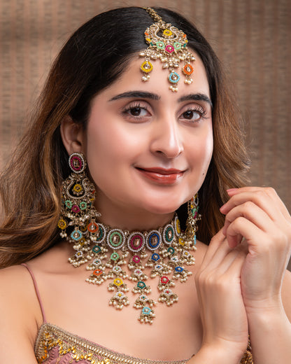 Multi Ravya Kundan Necklace Set With Earring and Mangteeka