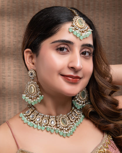 Mint Kavisha Premium Polki Dupe Necklace Set with Earring and Teeka