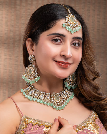 Mint Kavisha Premium Polki Dupe Necklace Set with Earring and Teeka