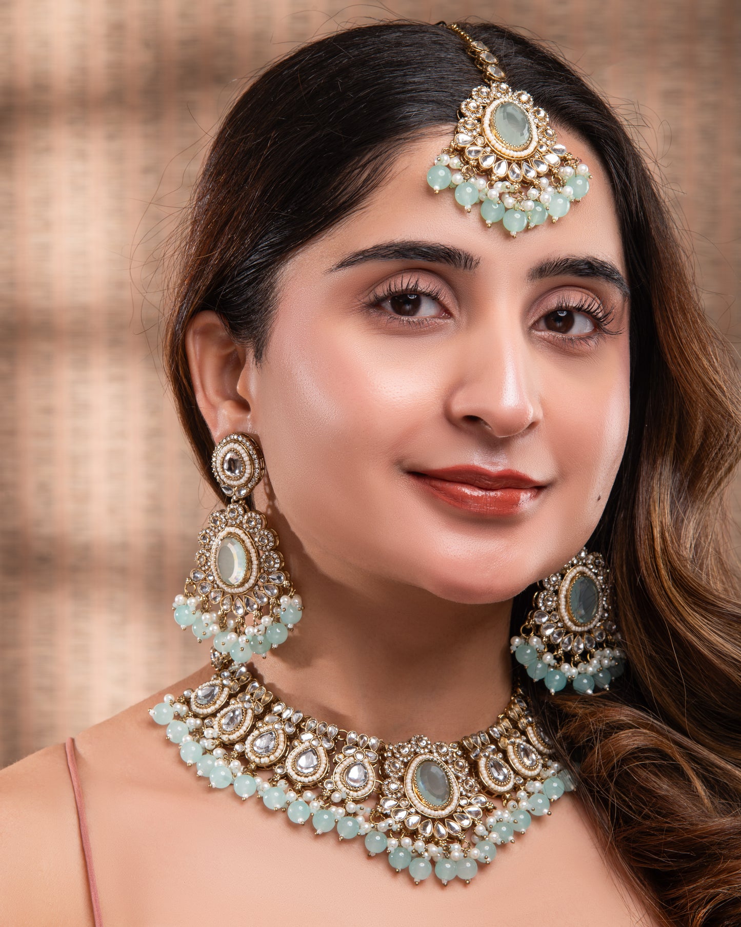 Turquoise Kavisha Premium Polki Dupe Necklace Set with Earring and Teeka