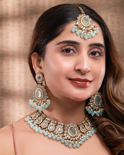 Turquoise Kavisha Premium Polki Dupe Necklace Set with Earring and Teeka
