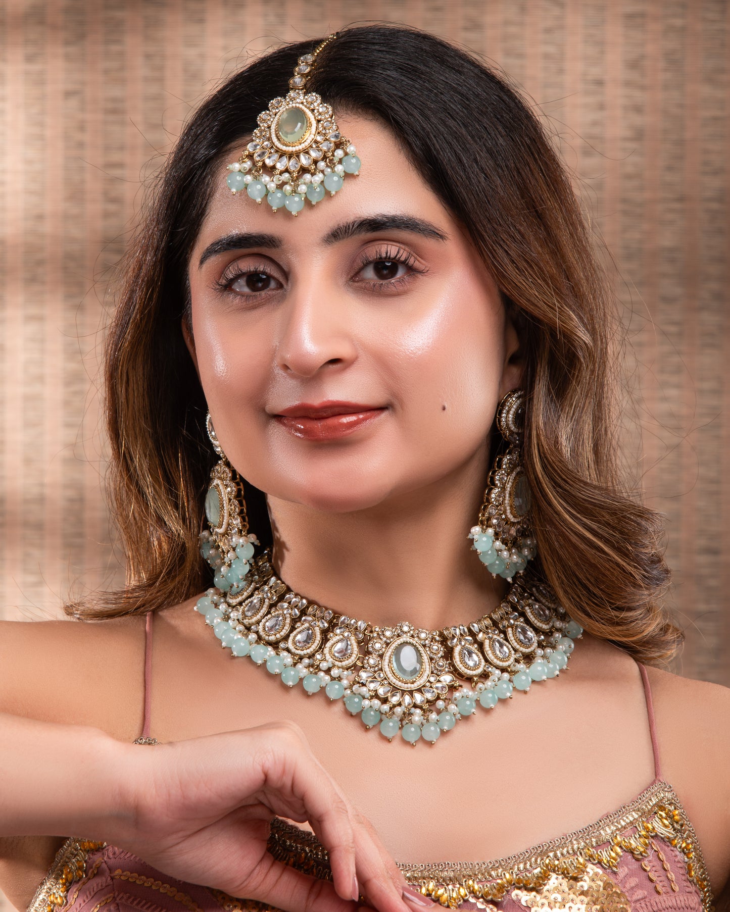 Turquoise Kavisha Premium Polki Dupe Necklace Set with Earring and Teeka