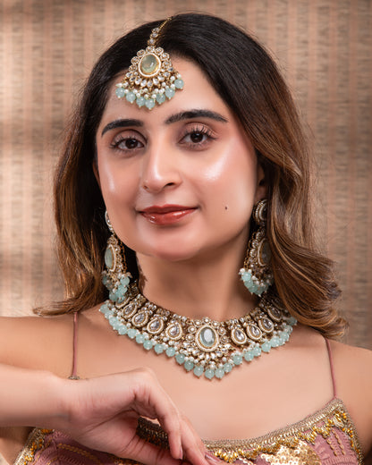 Turquoise Kavisha Premium Polki Dupe Necklace Set with Earring and Teeka