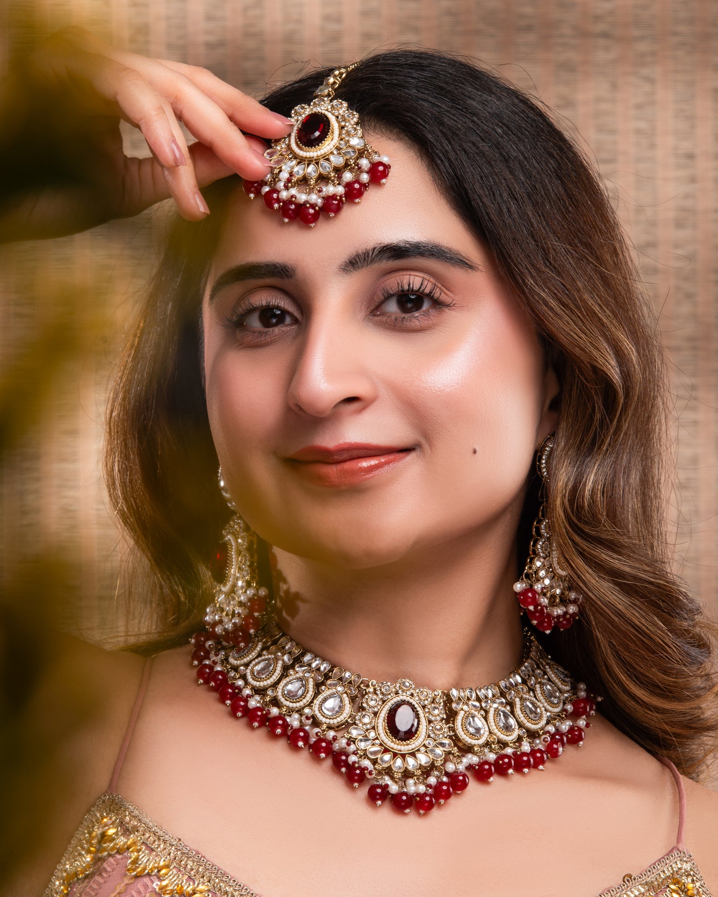 Red Kavisha Premium Polki Dupe Necklace Set with Earring and Teeka