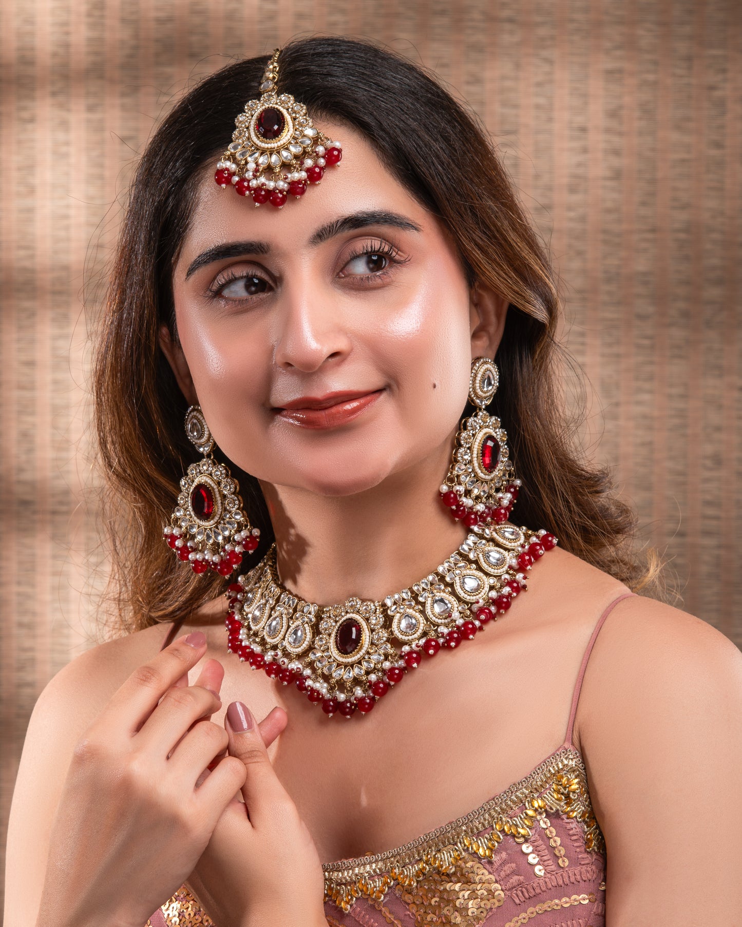 Red Kavisha Premium Polki Dupe Necklace Set with Earring and Teeka