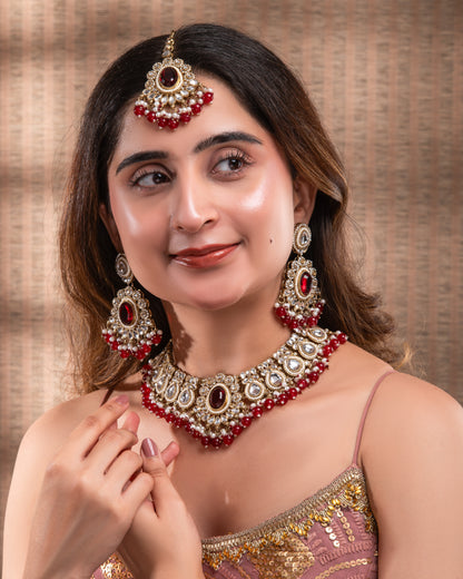 Red Kavisha Premium Polki Dupe Necklace Set with Earring and Teeka