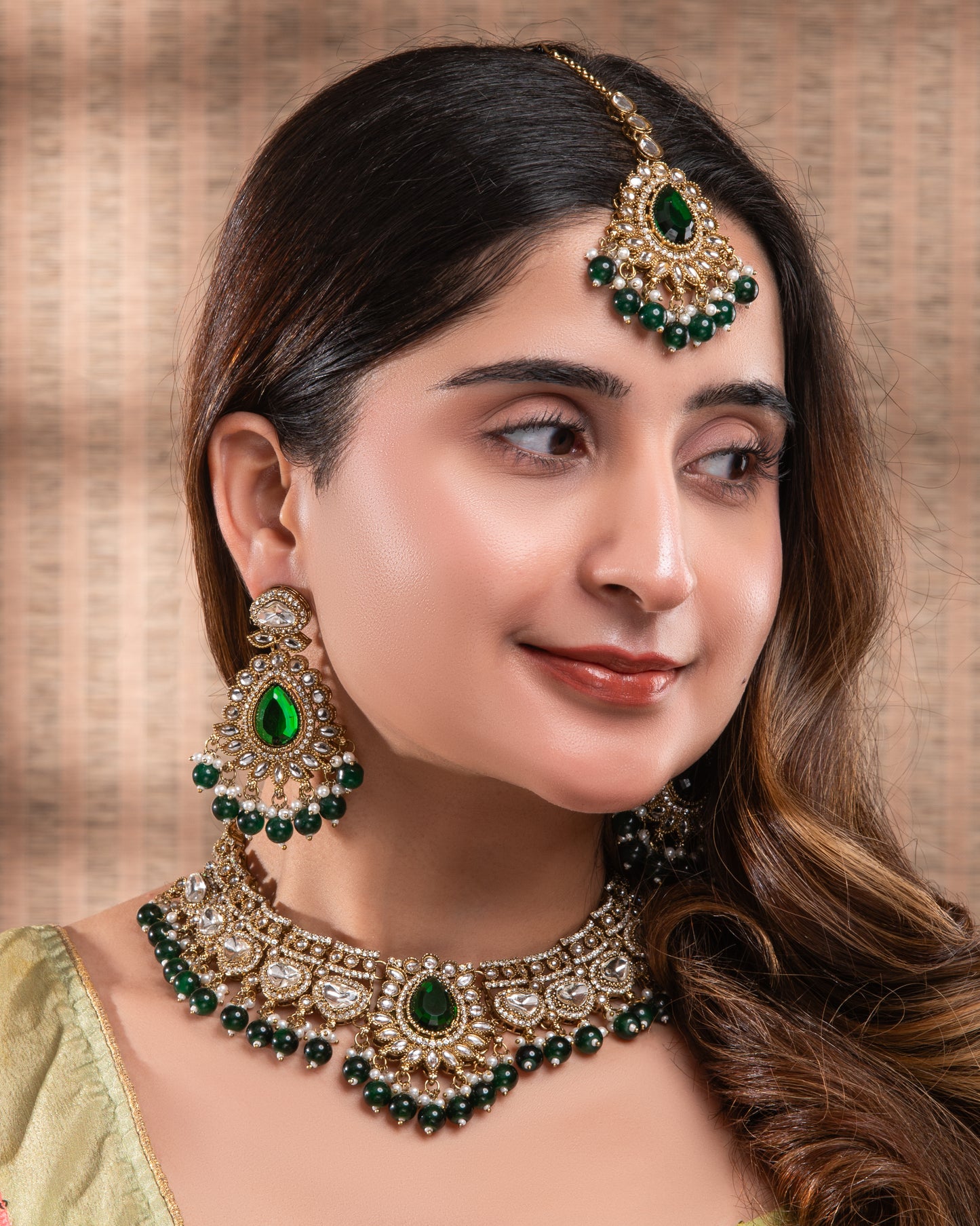 Green Savira Premium Polki Dupe Necklace with Earring and Teeka