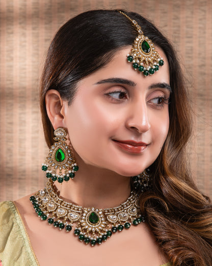 Green Savira Premium Polki Dupe Necklace with Earring and Teeka