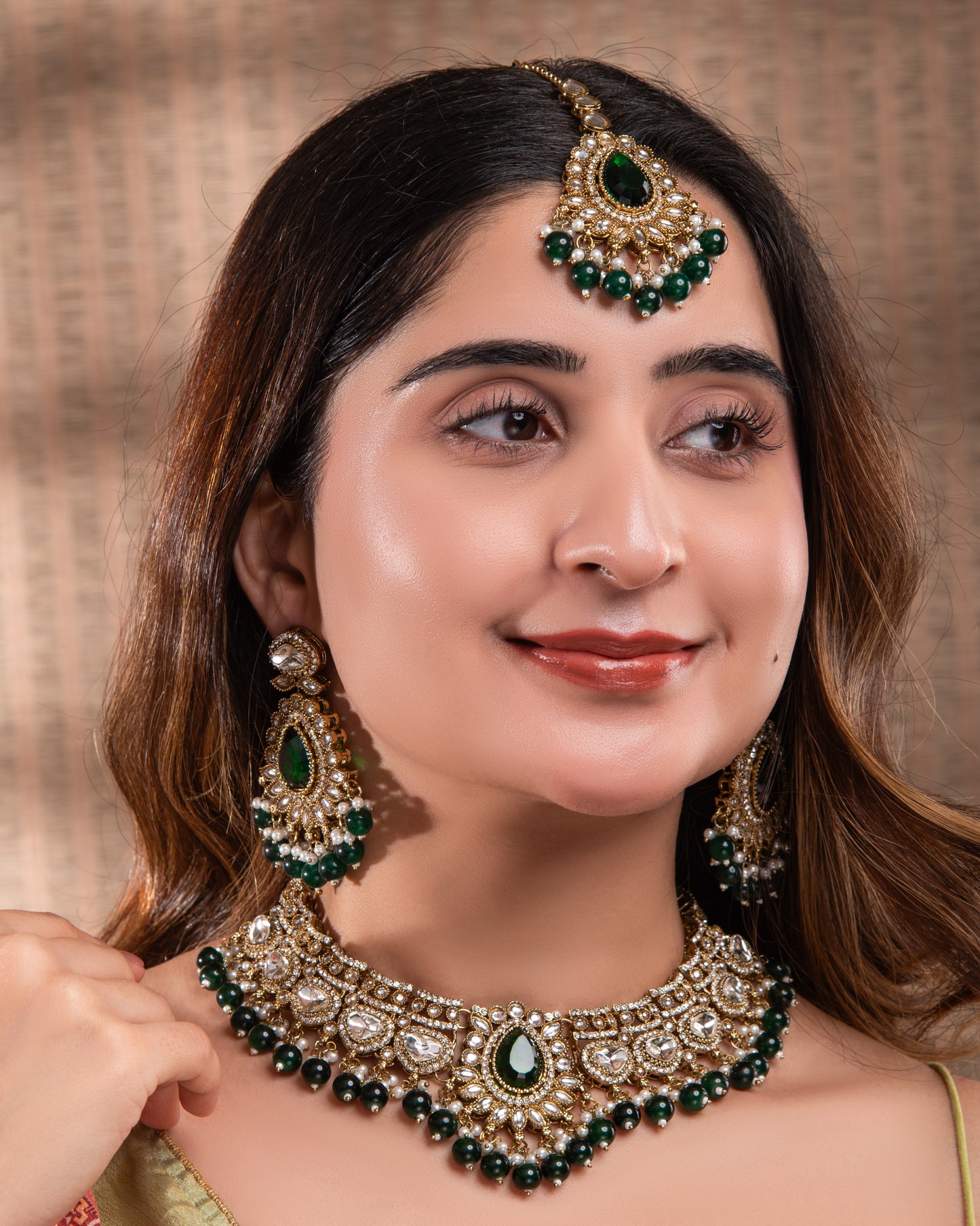 Green Savira Premium Polki Dupe Necklace with Earring and Teeka