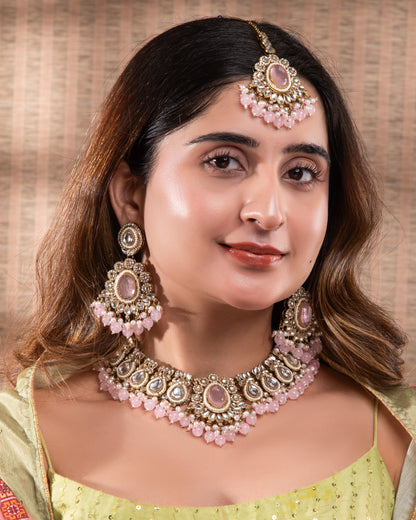 Blush Kavisha Premium Polki Dupe Necklace Set with Earring and Teeka