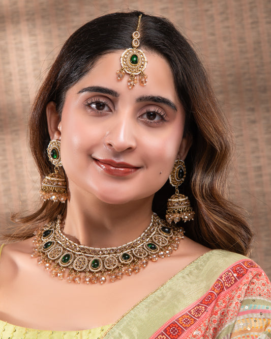 Vireena Classic Kundan Zircon Necklace Set With Earring and Teeka