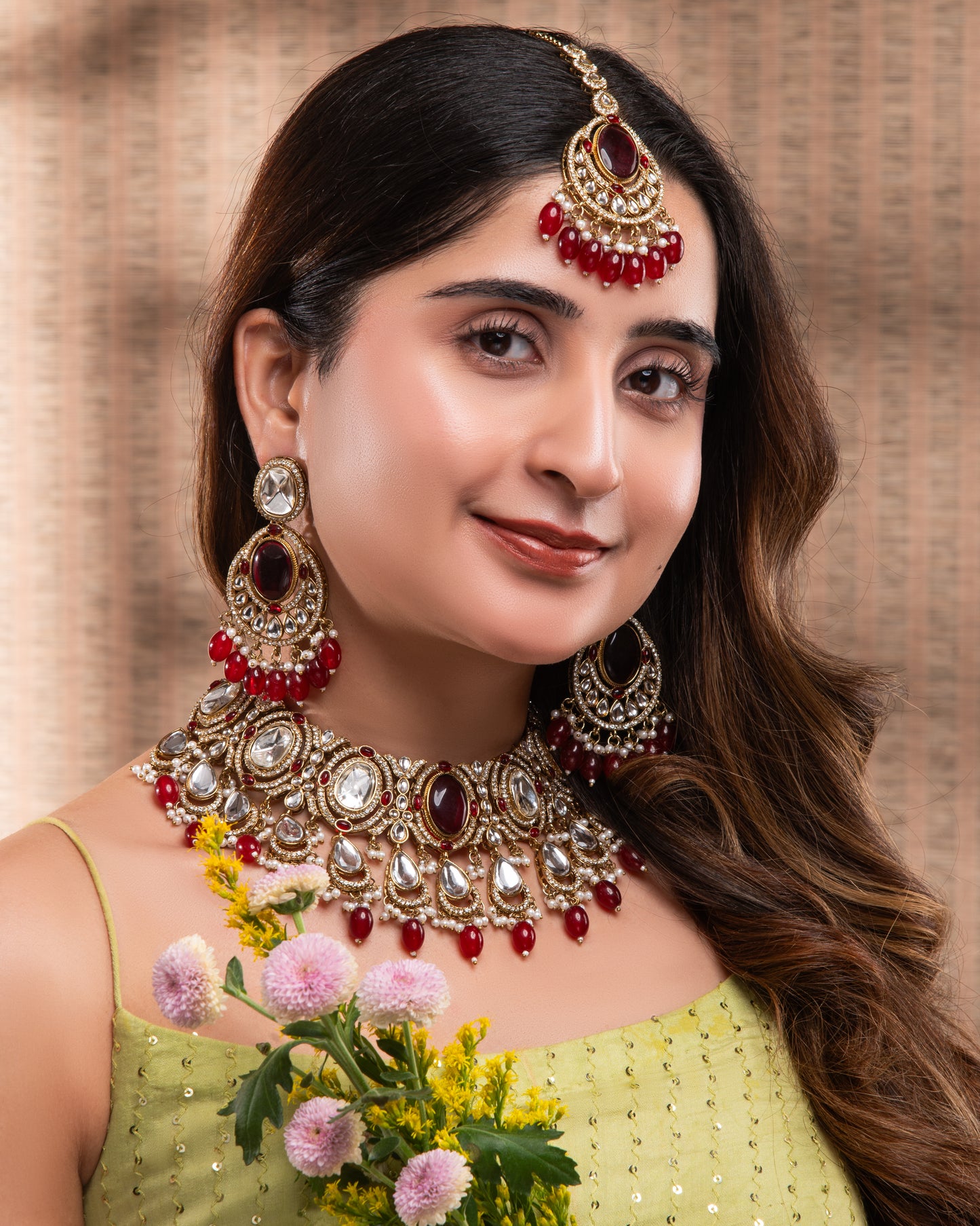 Red Naadiya Premium Polki Dupe Necklace with Earring and Teeka