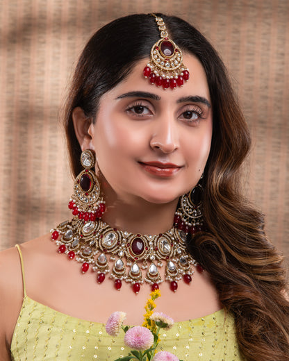 Red Naadiya Premium Polki Dupe Necklace with Earring and Teeka