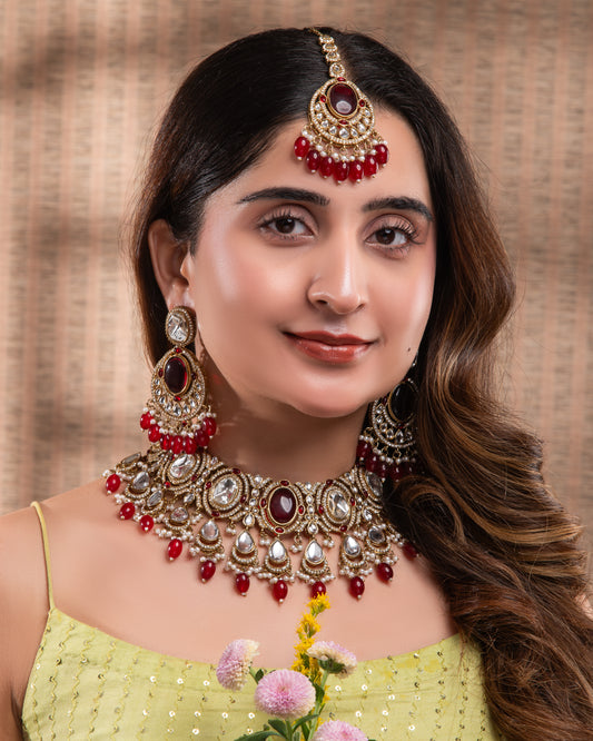 Red Naadiya Premium Polki Dupe Necklace with Earring and Teeka