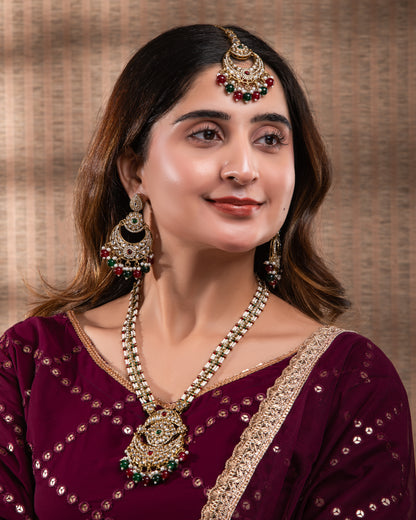 Red Green Travini Premium Long Necklace With Earring & Teeka