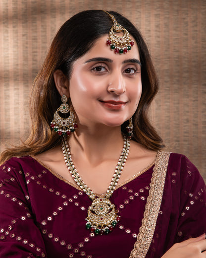 Red Green Travini Premium Long Necklace With Earring & Teeka