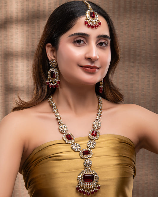 Red Naavir Premium Polki Dupe Long Necklace with Earring and Teeka