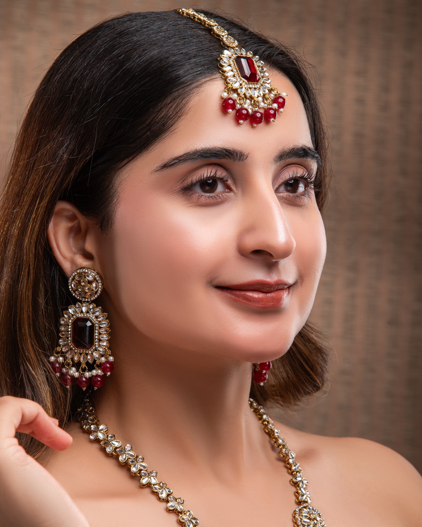 Red Naavir Premium Polki Dupe Long Necklace with Earring and Teeka