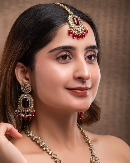 Red Naavir Premium Polki Dupe Long Necklace with Earring and Teeka