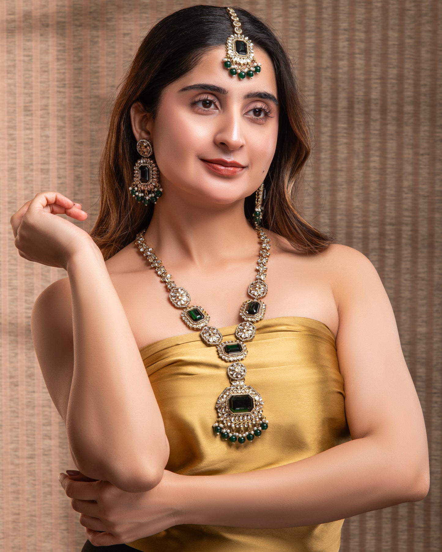 Green Naavir Premium Polki Dupe Long Necklace with Earring and Teeka