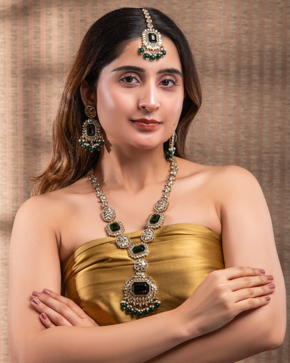 Green Naavir Premium Polki Dupe Long Necklace with Earring and Teeka