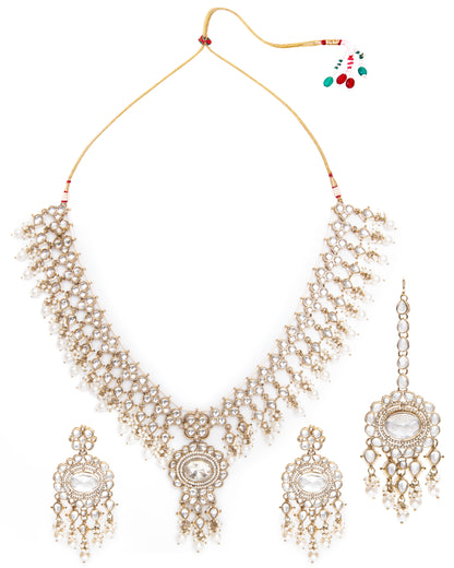 Prayshi Premium Kundan Pearl Necklace With Earring and Teeka
