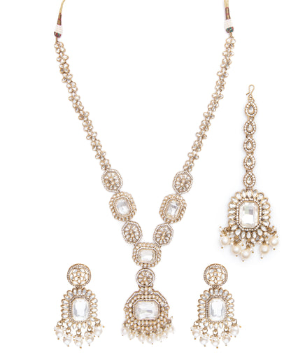 Pearl Naavir Premium Polki Dupe Long Necklace with Earring and Teeka