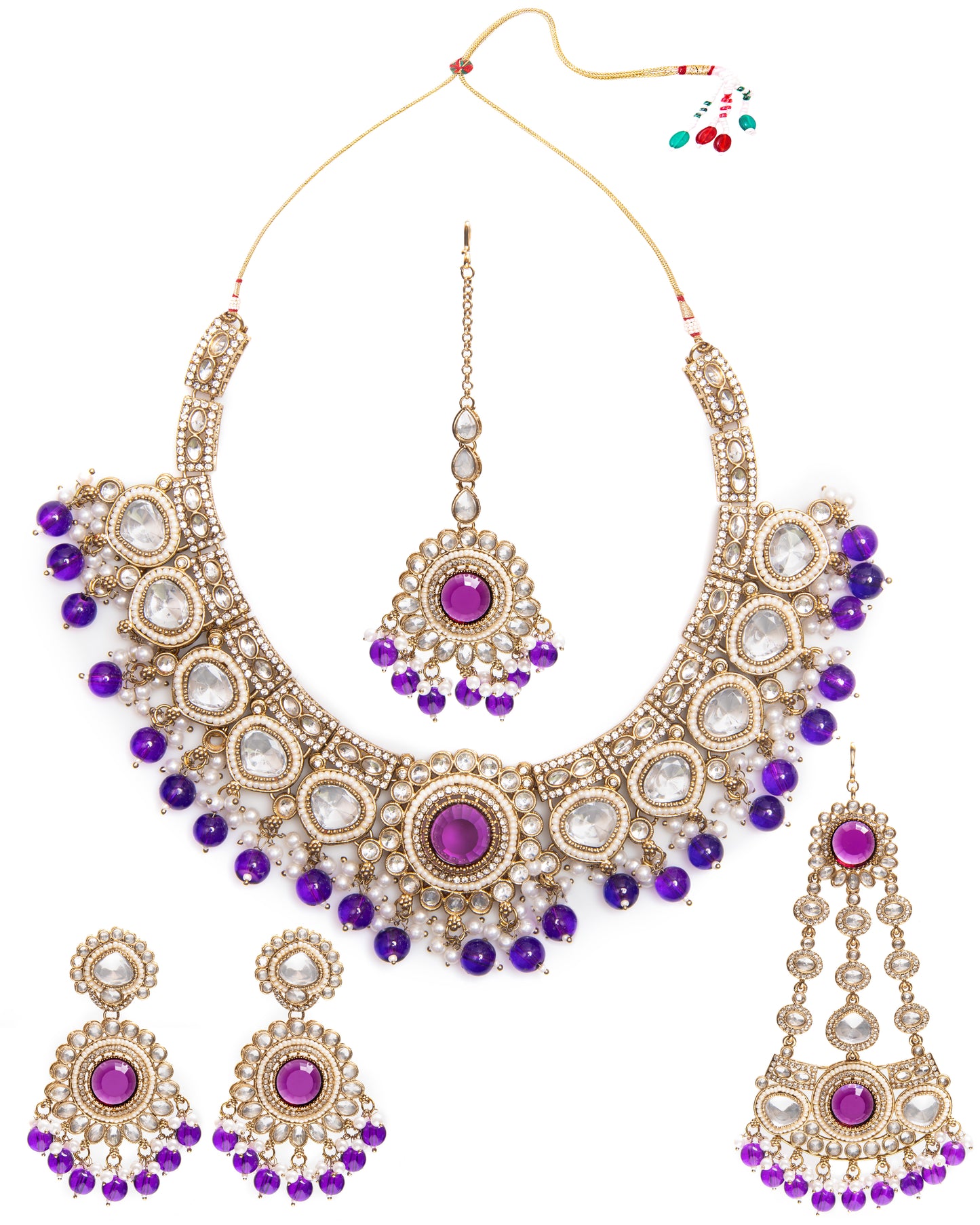 Purple Laviza Premium Polki Dupe Necklace Earring with Teeka and Side Jhumar/Passa