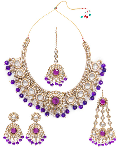 Purple Laviza Premium Polki Dupe Necklace Earring with Teeka and Side Jhumar/Passa
