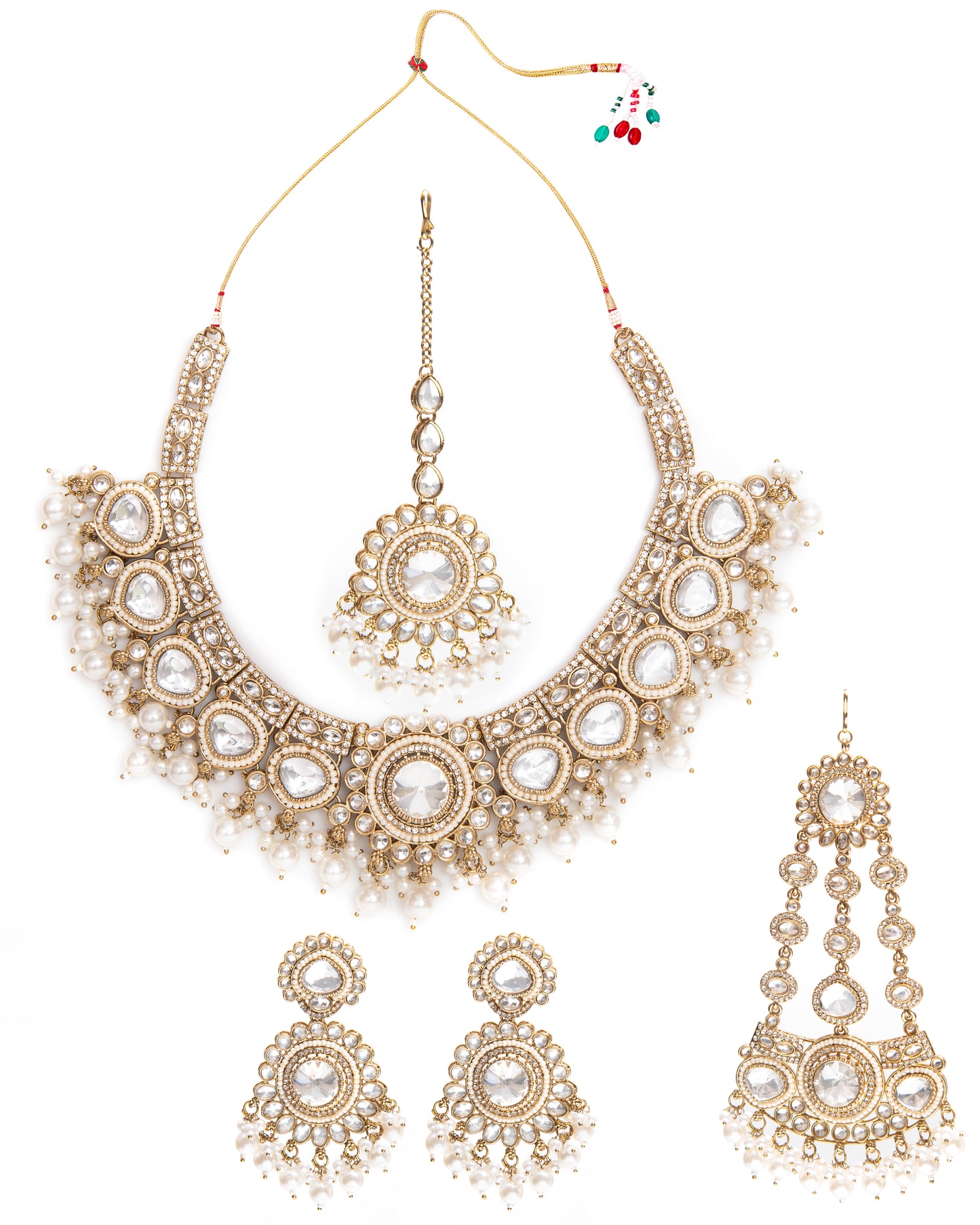 Pearl Laviza Premium Polki Dupe Necklace Earring with Teeka and Side Jhumar/Passa