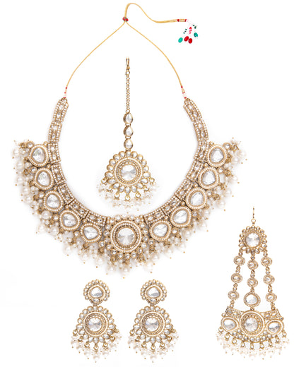 Pearl Laviza Premium Polki Dupe Necklace Earring with Teeka and Side Jhumar/Passa