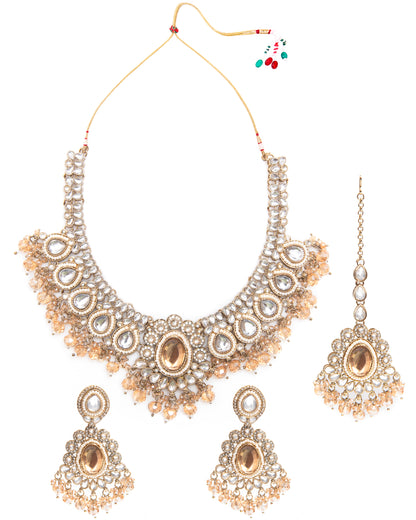 Gold Kavisha Premium Polki Dupe Necklace Set with Earring and Teeka