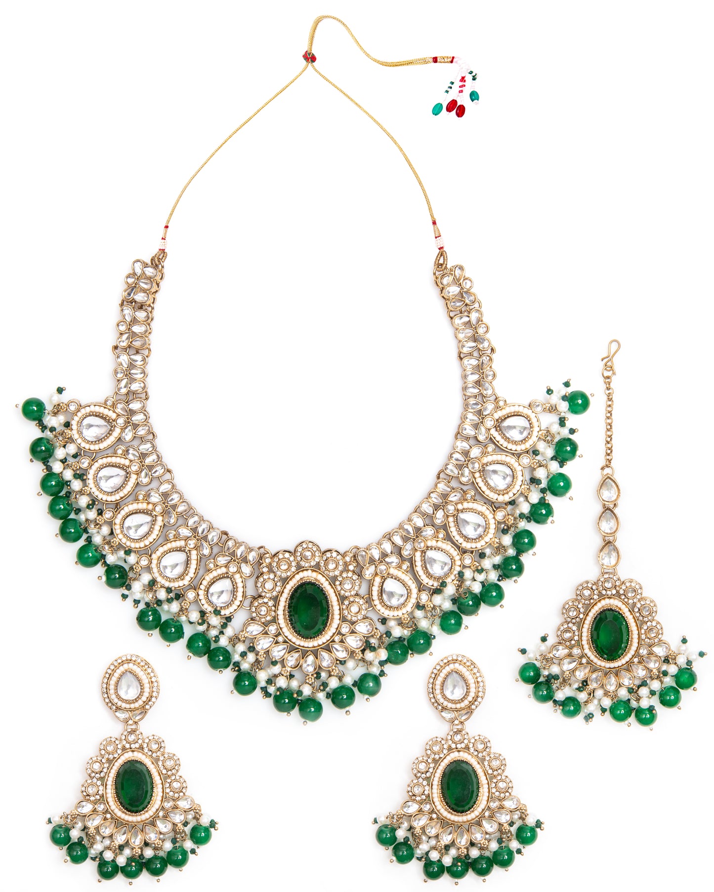 Green Kavisha Premium Polki Dupe Necklace Set with Earring and Teeka