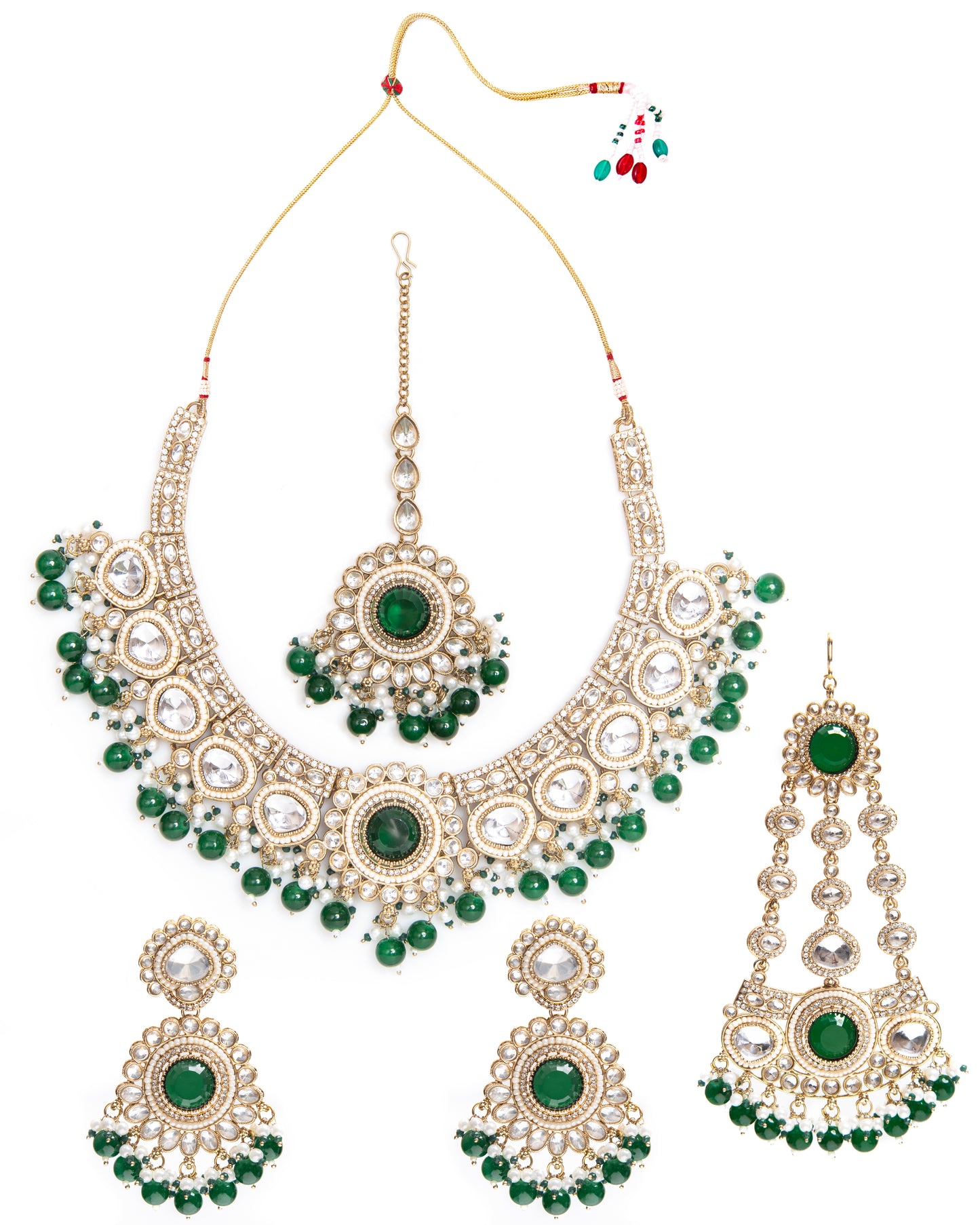 Green Laviza Premium Polki Dupe Necklace Earring with Teeka and Side Jhumar/Passa