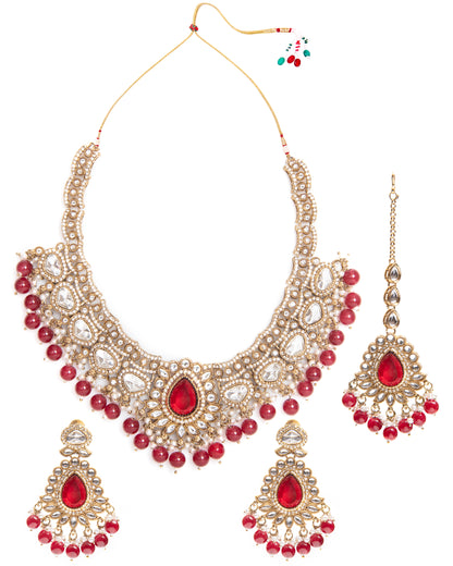 Red Savira Premium Polki Dupe Necklace with Earring and Teeka
